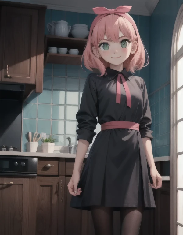 best quality, masterpiece, highres, solo, 1girl, detailed face, mature face, Imagine Anya Forger as an adult, (27 years old:1.5), Pink hair, green eyes, lukewarm smile, blushing cheeks, mascara, red lipstick, black dress with white collar, headband, black tights, high heels, indoors, kitchen, standing, looking at the viewer, anime_style, 47