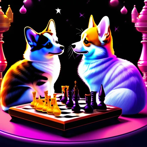 psychedelicstyle magic beamMake me a photo of cute corgi and cute American shorthaircat playing chess.