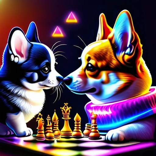 psychedelicstyle magic beamMake me a photo of cute corgi and cute American shorthaircat playing chess.