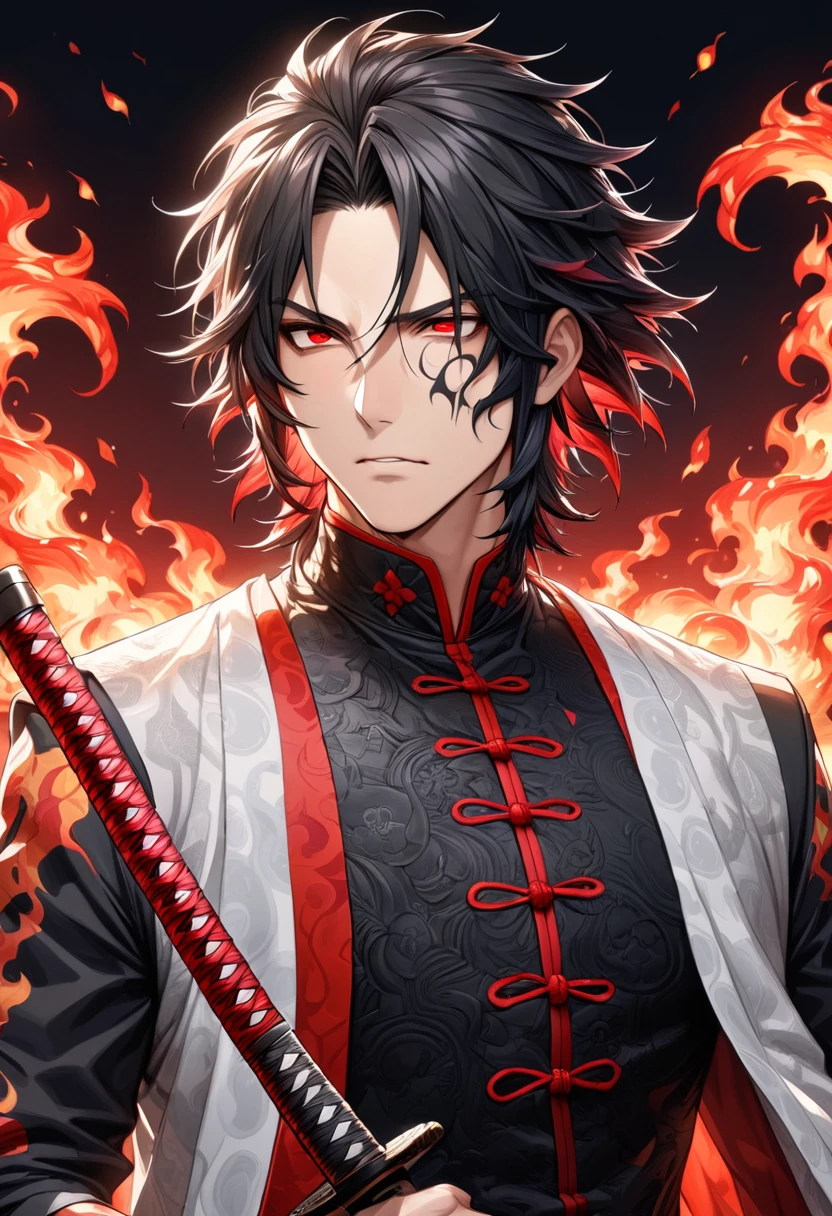 Ultra detailed, highres, absurdres, HDR, master piece, male demon slayer, black medium length hair, expressive red eyes, white cape with flame designs along the bottom, black demon slayer uniform, Kimetsu No Yaiba, handsome, sexy man, solo, best quality, black and red katana with flame patterns, extremely detailed face and eyes, fire coming from katana, red moon