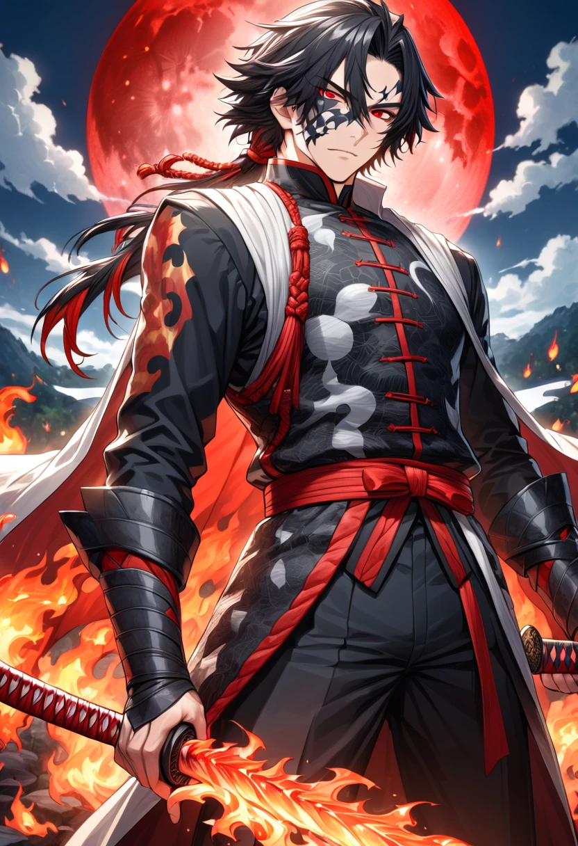 Ultra detailed, highres, absurdres, HDR, master piece, male demon slayer, black medium length hair, expressive red eyes, white cape with flame designs along the bottom, black demon slayer uniform, Kimetsu No Yaiba, handsome, sexy man, solo, best quality, black and red katana with flame patterns, extremely detailed face and eyes, fire coming from katana, red moon