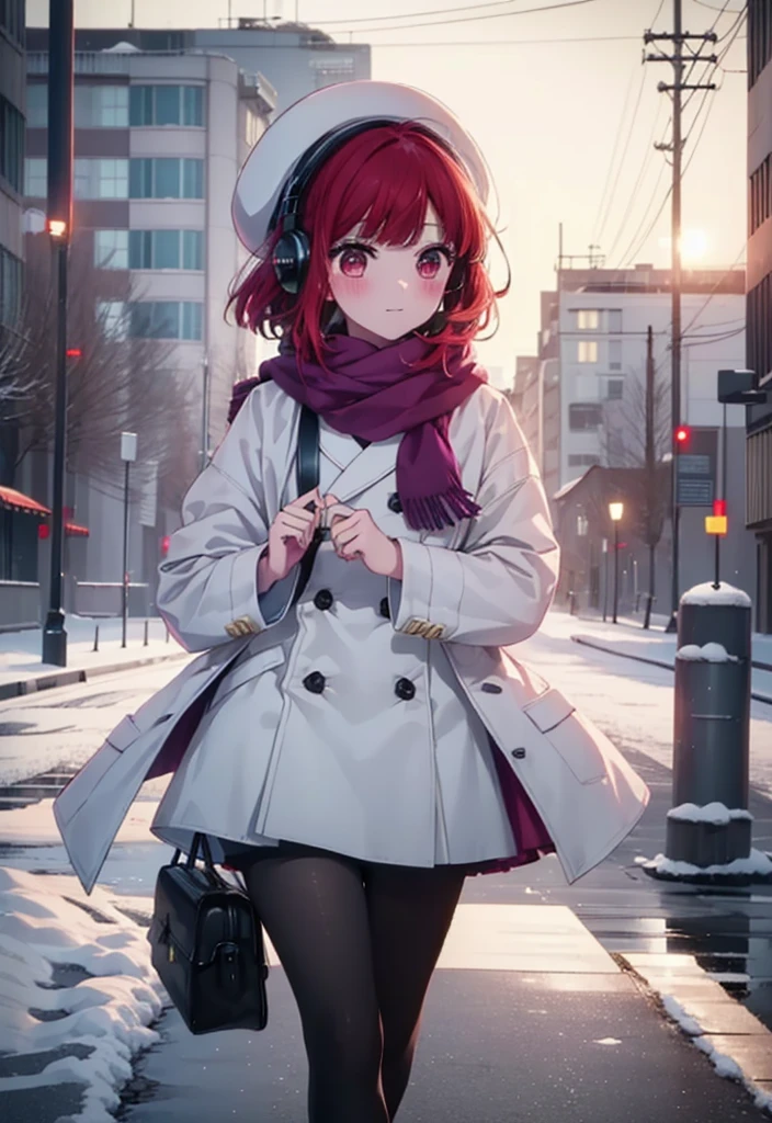 canary, Arima etc., long hair, bangs, (Red eyes:1.3), Redhead, smile,White Breath,blush,Earmuffs,Knitted hat,Purple Scarf,White long coat,V-neck sweater,Long skirt,Black Pantyhose,short boots,snow,snow,snow,snow,snowが積もっています,snowが降る,whole bodyがイラスト入るように,Walking,
break outdoors, construction area,
break looking at viewer, whole body,
break (masterpiece:1.2), Highest quality, High resolution, unity 8k wallpaper, (shape:0.8), (Beautiful attention to detail:1.6), Highly detailed face, Perfect lighting, Extremely detailed CG, (Perfect hands, Perfect Anatomy),