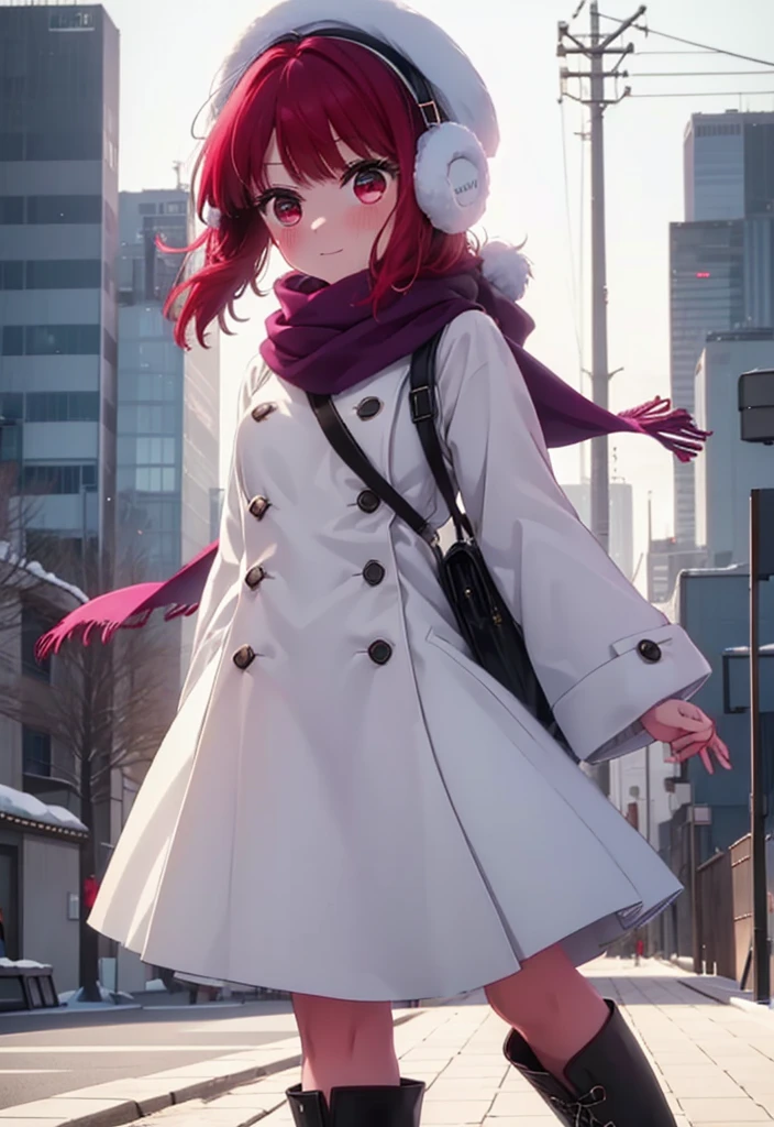 canary, Arima etc., long hair, bangs, (Red eyes:1.3), Redhead,  smile,White Breath,blush,Earmuffs,Knitted hat,Purple Scarf,White long coat,V-neck sweater,Long skirt,Black Pantyhose,short boots,snow,snow,snow,snow,snowが積もっています,snowが降る,whole bodyがイラスト入るように,Walking,
break outdoors, construction area,
break looking at viewer, whole body,
break (masterpiece:1.2), Highest quality, High resolution, unity 8k wallpaper, (shape:0.8), (Beautiful attention to detail:1.6), Highly detailed face, Perfect lighting, Extremely detailed CG, (Perfect hands, Perfect Anatomy),