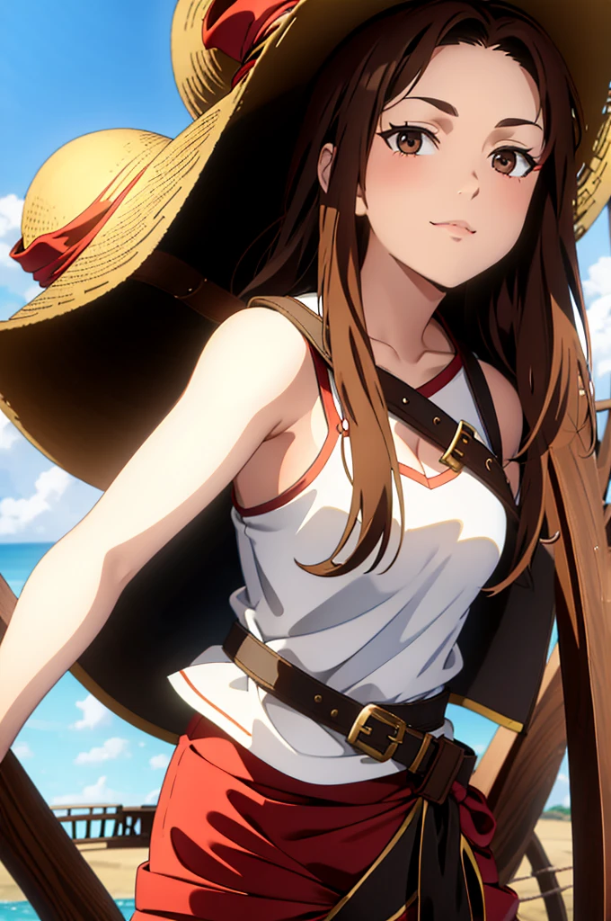 1 female, medium length brown hair, hazel eyes, wearing pirate outfit, at the helm of a pirate ship, wearing straw hat with red band, wearing straw hat