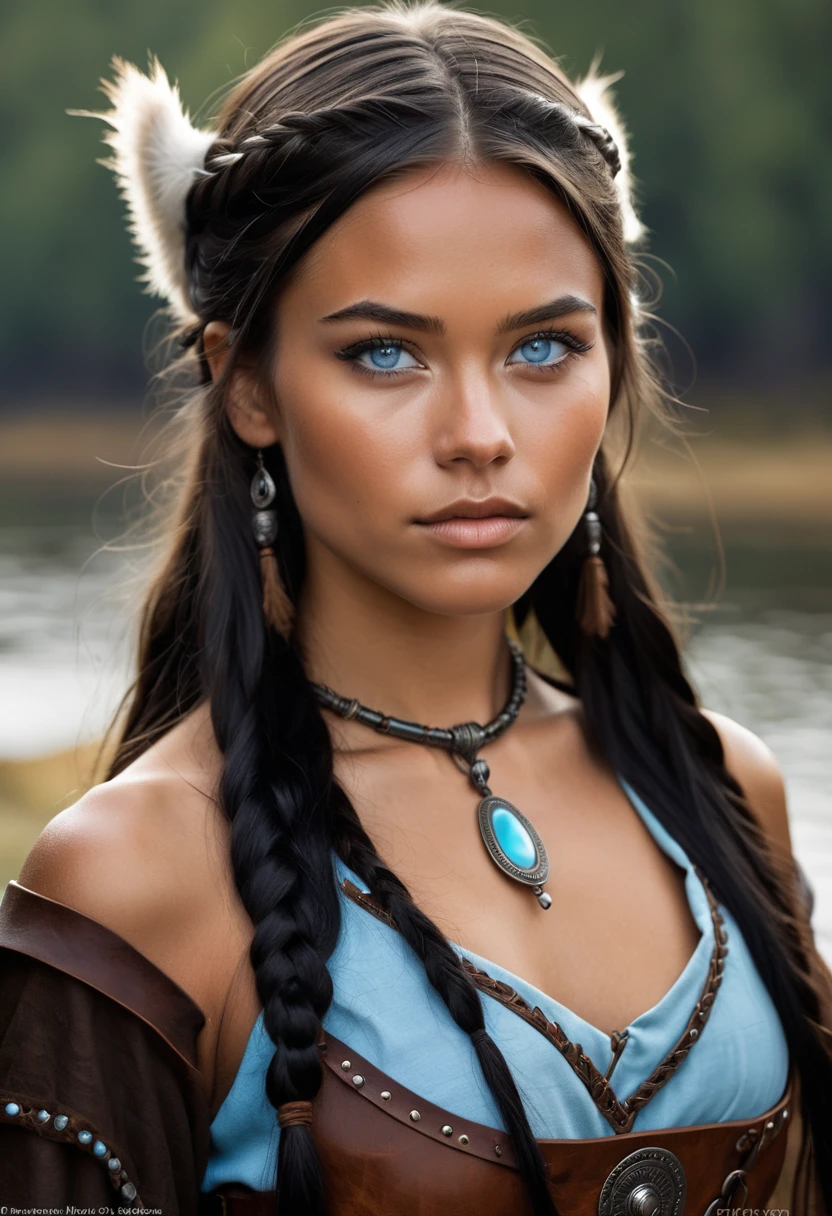 I want you to create a character. She is a 25-year-old young woman with characteristics typical of the Apache people. Her facial features include high, prominent cheekbones, a straight, slightly flat nose, and full lips. Her long, straight black hair, loose, frames a face with tanned skin, common among her people. His light blue eyes contrast with the color of his skin, creating a penetrating and expressive look. She wears traditional Viking clothing, with brown colors and black leather, and is a warrior.