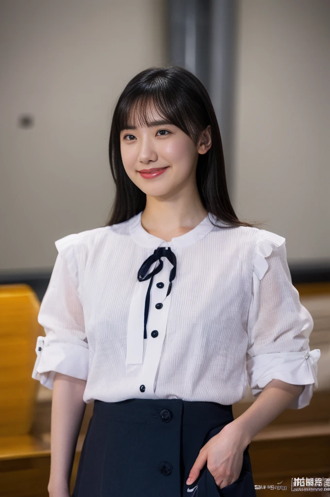 A woman wearing a sailor suit、Black socks、whole body、Realistic、8k、Highest quality、Very high resolution、The background is a blurred grey、stylish、Coquettish look、Smile seductively、Beautiful and seductive face、Highly detailed eyes、Intimate Face、Highly detailed skin texture、White skin、Perfect hands、Perfectly proportioned skin、Elegant face、Beautiful black hair、Random Hairstyles、((Flipping up a skirt:1.2)), ((I can see her black panties:1.3))