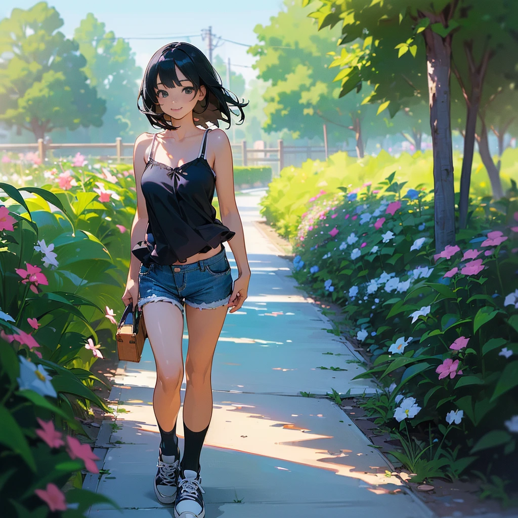 (high quality, High resolution, Very detailed, reality:1.37), Peaceful atmosphere, (Outdoor, garden), Teenage girl standing alone, (my breasts are big.), Beautiful details, Cute Smile, (Black bob hair), camisole, Denim shorts, Blue socks, sneakers.