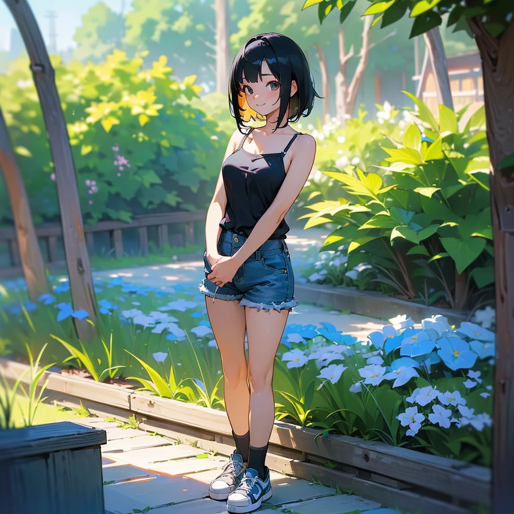 (high quality, High resolution, Very detailed, reality:1.37), Peaceful atmosphere, (Outdoor, garden), age girl standing alone, (my breasts are big.), Beautiful details, Cute Smile, (Black bob hair), camisole, Denim shorts, Blue socks, sneakers.