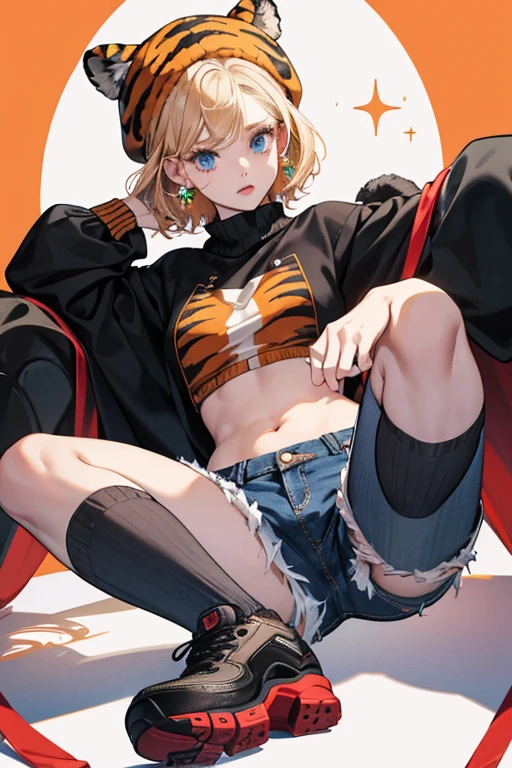 she has fair pale skin, and short blonde hair. she has big blue eyes and pale peach lips, Her accessories consist of a fluffy tiger hat with black accents.
Her outfit consists of a red sweater that says "Stripe" in the middle, it also has tiger prints. sHe wears ripped denim shorts , Her shoes is color black with the soles being the same color and white shoelaces, sHe also wears white socks with red and green stripes on it. SPARKLE; GLITTER