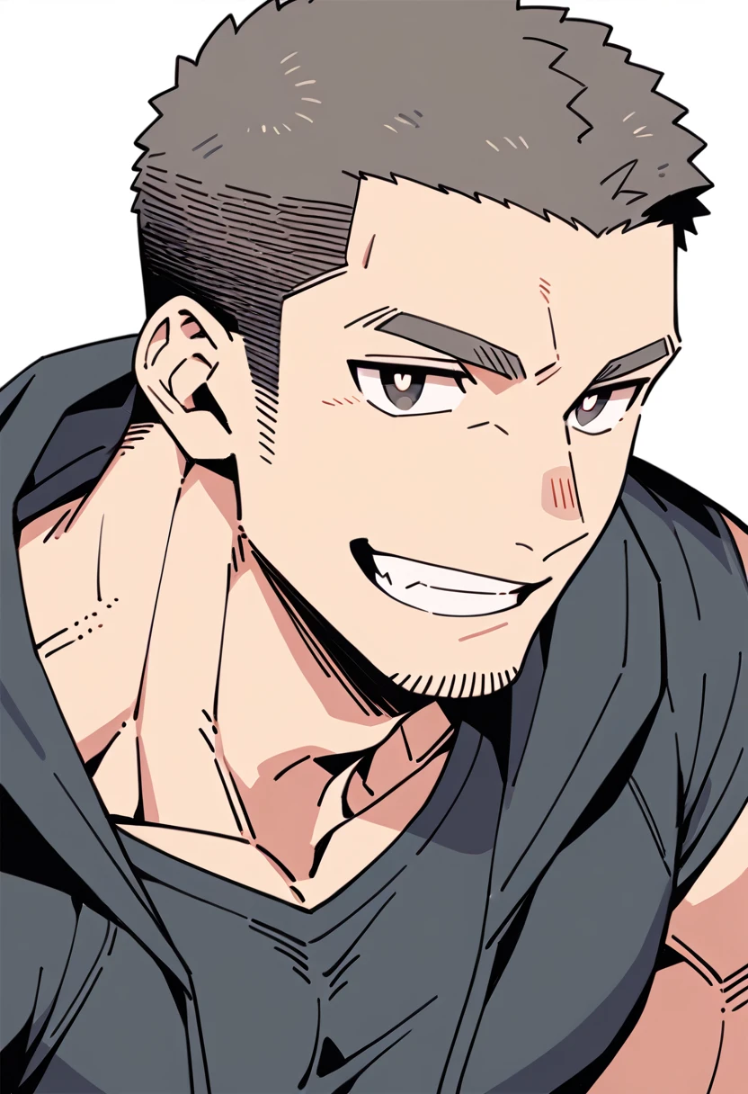 anime characters：Priapus, Muscle Sports Student, Buzz Cut, Manliness, male focus, Sports tight hooded sweatshirt, Very tight, full and perky chest muscles, muscular male, muscular, only, Upper body, alone, Red short hair, Thick eyebrows, stubble, Brown-red pupils, White background, simple background, amazing quality, best aesthetics, Ridiculous, crew cut, smirk, bright pupils, grin, negative space, negative space, best quality