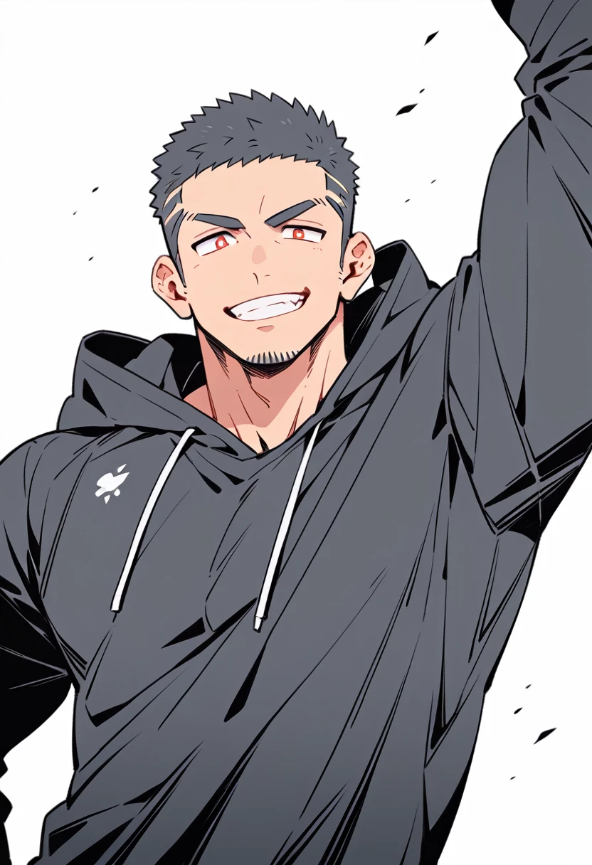 anime characters:Priapus, Muscle Sports Student, Buzz Cut, Manliness, male focus, Sports tight hooded sweatshirt, Very tight, full and perky chest muscles, muscular male, muscular, only, Upper body, alone, Red short hair, Thick eyebrows, stubble, Brown-red pupils, White background, simple background, amazing quality, best aesthetics, Ridiculous, crew cut, smirk, bright pupils, grin, negative space, negative space, best quality