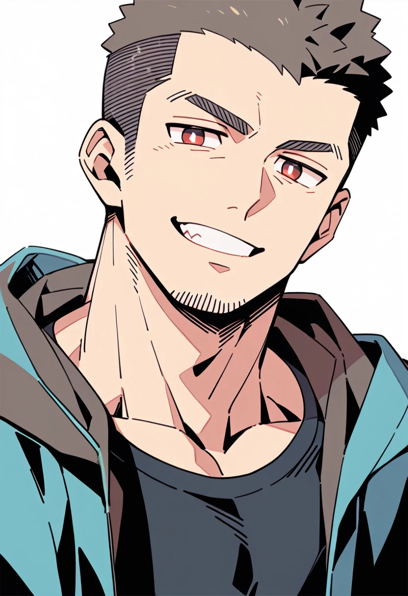 anime characters:Priapus, Muscle Sports Student, Buzz Cut, Manliness, male focus, Sports tight hooded sweatshirt, Very tight, full and perky chest muscles, muscular male, muscular, only, Upper body, alone, Red short hair, Thick eyebrows, stubble, Brown-red pupils, White background, simple background, amazing quality, best aesthetics, Ridiculous, crew cut, smirk, bright pupils, grin, negative space, negative space, best quality