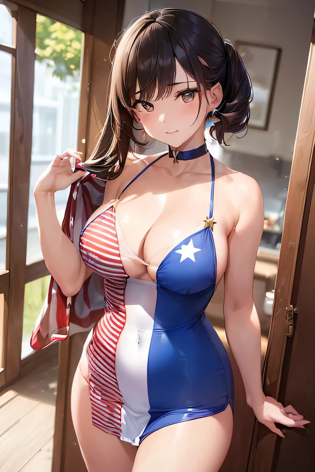 (((Costume inspired by the American flag:1.3))),(((Woman in men's clothing:1.3))),(Stars and Stripes),(masterpiece,Highest quality,Ultra-high resolution output images,Write boundary depth,Intricate details,Adding dimension to your subject with the contrast of light and shadow,Anatomically correct facial structure),(Picture Mode Ultra HD,)