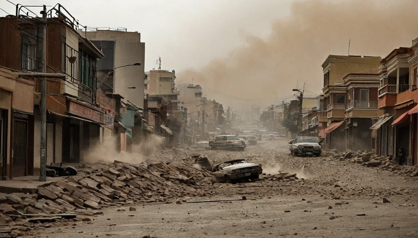 whoa, Dramatic image depicts a frightening earthquake scenario. The scene shows houses and buildings shaken due to the strong tremor in Atacama, Chile. People on the street and dust raised due to the strong movement of buildings. The darkened sky makes the scenario threatening and critical.