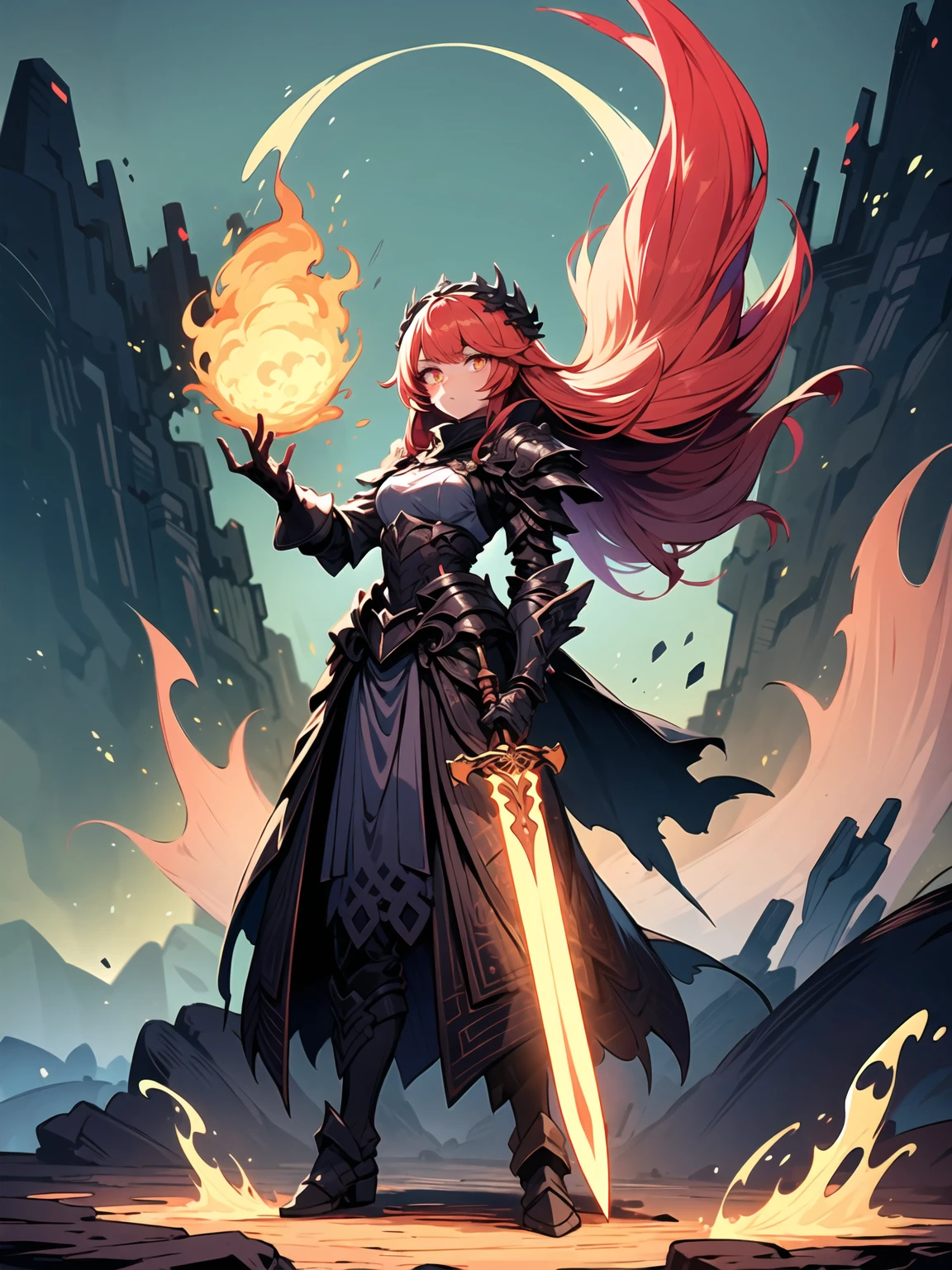 ((full body shot)) of a girl in regal, fire-themed armor with intricate gold and red details, standing in a blazing, volcanic landscape. She has long, flowing fiery red hair and intense, glowing amber eyes. Her skin has a warm, sun-kissed hue, and she is adorned with molten lava-like patterns. She holds a majestic sword engulfed in roaring flames, casting a bright, fiery light. The atmosphere is {intense|majestic}, with lava flows and embers illuminating the scene. The ground beneath her is cracked, molten earth, reflecting the intense light and adding to the fiery ambiance. Surrounding her are jagged rocks and bursts of flame in shades of {red|orange}, casting a fierce, incandescent glow. The background features towering volcanic peaks and a sky filled with ash and smoke, hinting at a powerful, fiery kingdom. The scene is dynamic and awe-inspiring, with her face showing a determined yet regal expression, her eyes focused intently on her blazing domain.

[Best quality], [Masterpiece], [Ultra-detailed], [4k], {intense|majestic} atmosphere, fiery kingdom, {dynamic pose|regal pose}, blazing illumination, {soft shadows|dramatic lighting}, {reflected light on molten earth:0.7}, {jagged rocks:0.6}, {bursts of flame:0.5}, {volcanic peaks:0.4}, {ash-filled sky:0.3}.