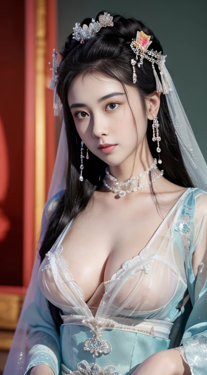 masterpiece, best quality, 1 girl, ((Large Breasts), Long hair,(Siamese transparent black silk),(On clothes,There are pearls),Looking at the audience, (precise、Perfect face shape:1.3),(Beautiful fingers),(Crotch front display),Ultra HD,Ray Tracing,,reflected light, Correct structure,The award-winning,High Detail,Reduce shadow contrast,Facial lighting ,Cinema Lighting,masterpiece,Super Detail,high quality,High Detail, best quality,16K,High contrast,A young woman plays, Chinese Empress, yun ling, song nan li, , gujian, zhao yun, Chinese Princess