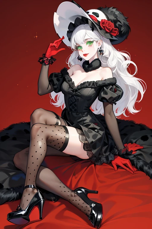 Dottie DeMil has pale skin, and curly split dye hair in the colors of black and white. She has big green eyes and red lips. Her accessories consist of a furry dalmatian hat.

Her outfit consist of a fluffy white coat with black spots over a black dress, red gloves, black fishnet tights, and black and white shoes with red soles. SPARKLE; GLITTER