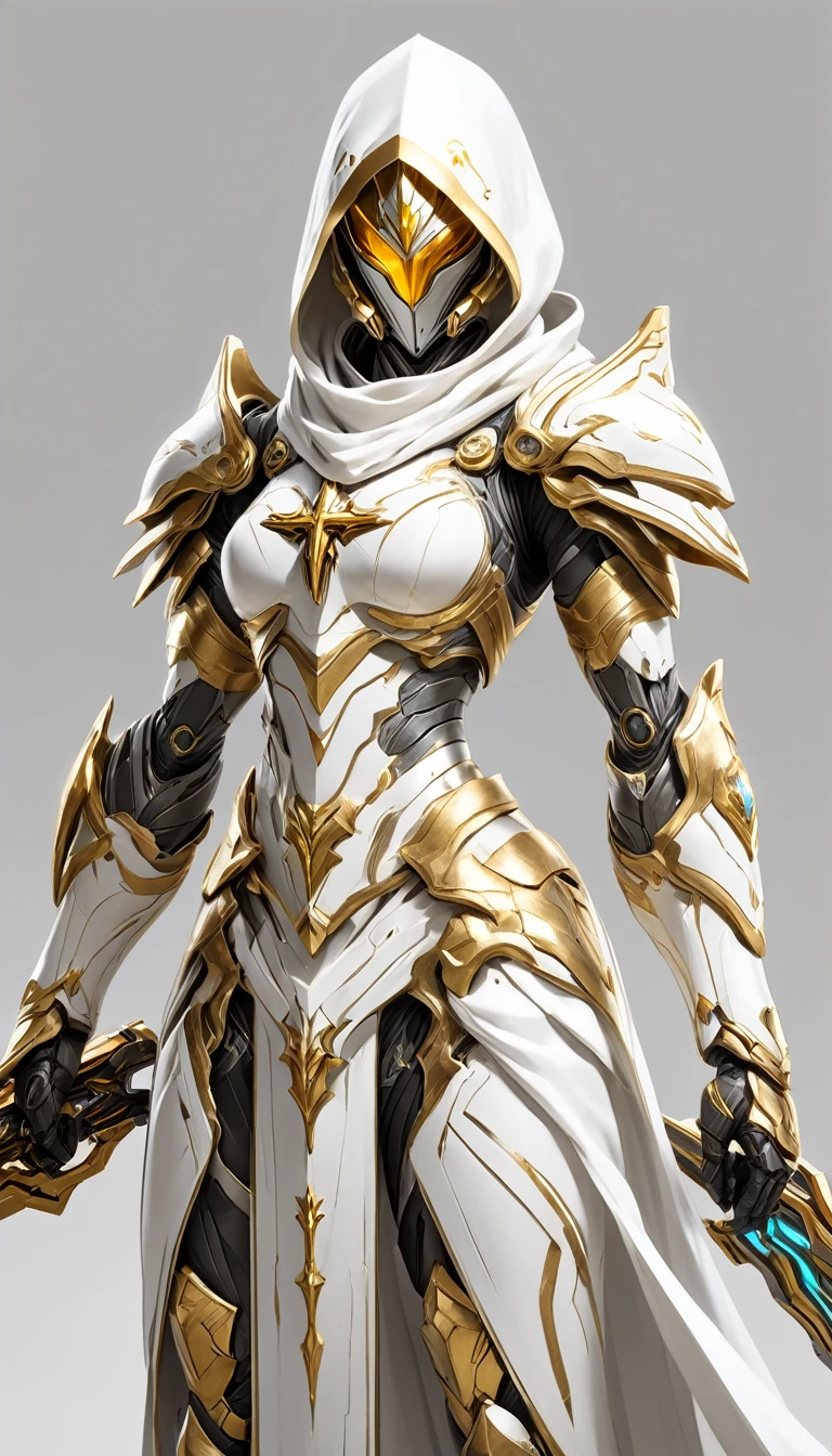 Masterpieces, female, Holy White Knight, Action style shot, (Battle Priest in a warframe and halo style armor with a staff with a cross), (Silver, Gold and White color scheme), (white hood and cape), (action shot: holding staff), white and gold tabard (solid color background), centered, full body shot fighting, sci-fi knight, Halo master chief, vibrant colors, visible figure joints, cinematic shot, volumetric lighting, intricate pattern detail, highly detailed