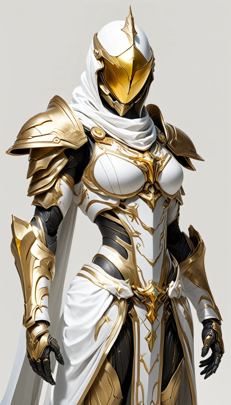 Masterpieces, female, Holy White Knight, Action style shot, (Battle Priest in a warframe and halo style armor with a staff with a cross), (Silver, Gold and White color scheme), (white hood and cape), (action shot: holding staff), white and gold tabard (solid color background), centered, full body shot fighting, sci-fi knight, Halo master chief, vibrant colors, visible figure joints, cinematic shot, volumetric lighting, intricate pattern detail, highly detailed