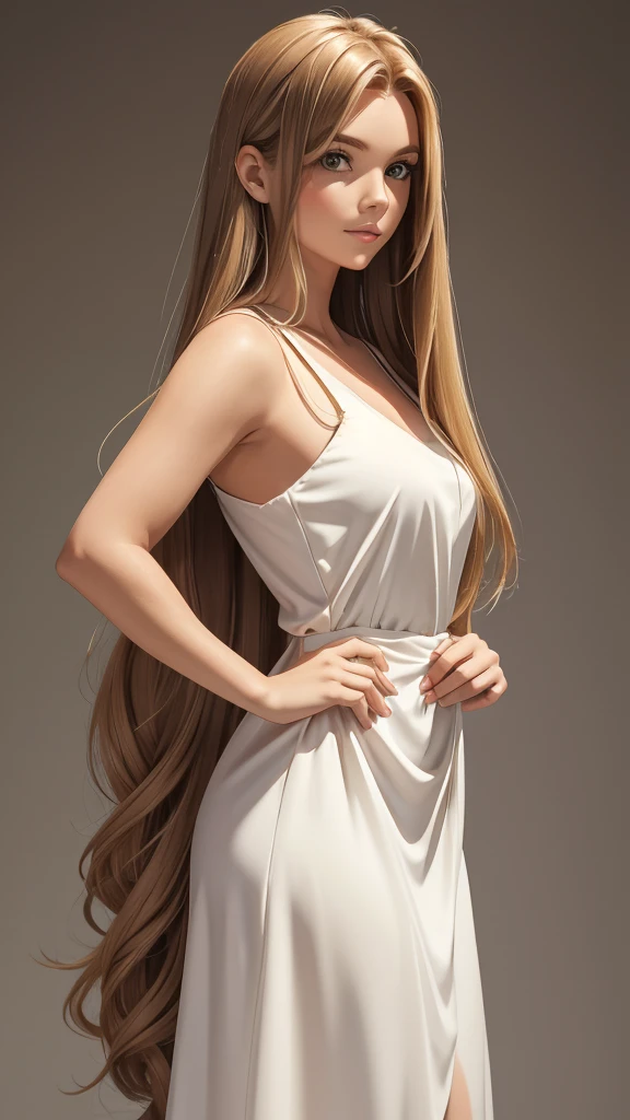 a picture of a woman standing with long blond hair posing over her shoulder, 1girl, long hair, solo, realistic, dress, brown hair