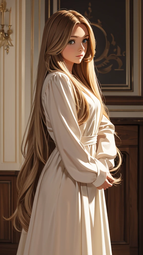 a picture of a woman standing with long blond hair posing over her shoulder, 1girl, long hair, solo, realistic, dress, brown hair