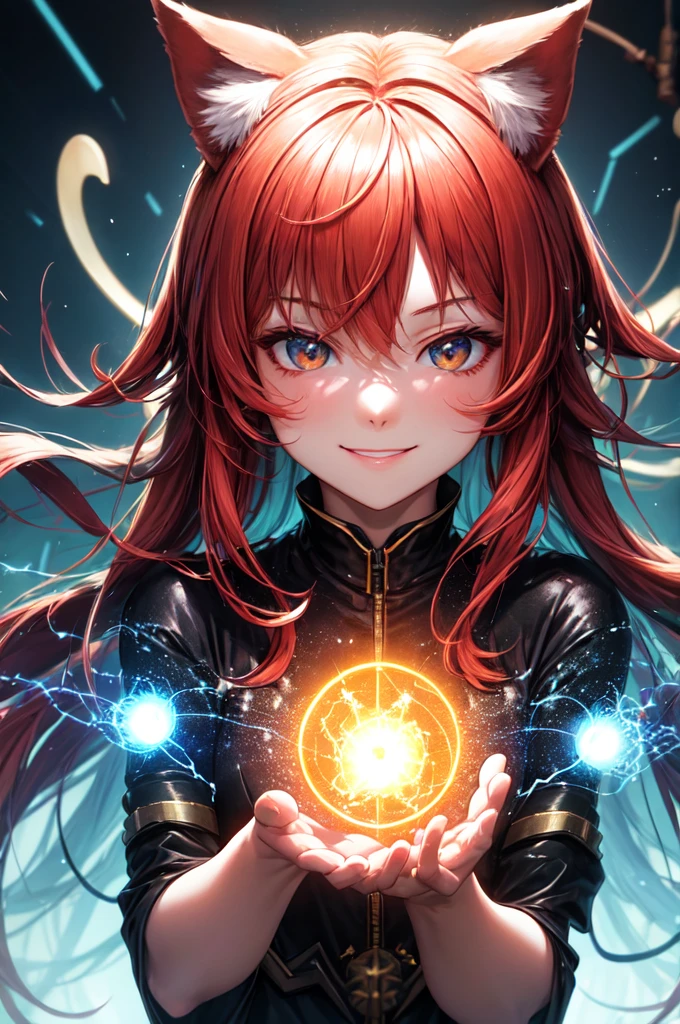 In an atmospheric and ethereal portrait, a paranormal luminescent neural network takes center stage. Image, amazingly detailed photo, reflects the interaction of mystical glow and advanced technology. Neural network floats in limbo, her circuits pulsate with an otherworldly light, as if there was a sentient being living inside. Threads of red-hot energy intertwine, creating a mesmerizing glow, which illuminates the environment. Flawless image quality clearly reveals complex network structure, inviting viewers to ponder the mysterious secrets, which it stores, red hair long pig tails, remove cat ears, smirking smile.