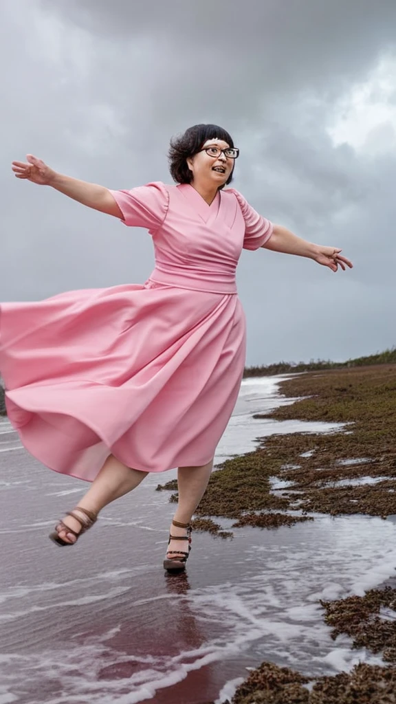 Storm, woman blown by the wind, Japanese woman, fat, glasses, pink dress, 69 years old