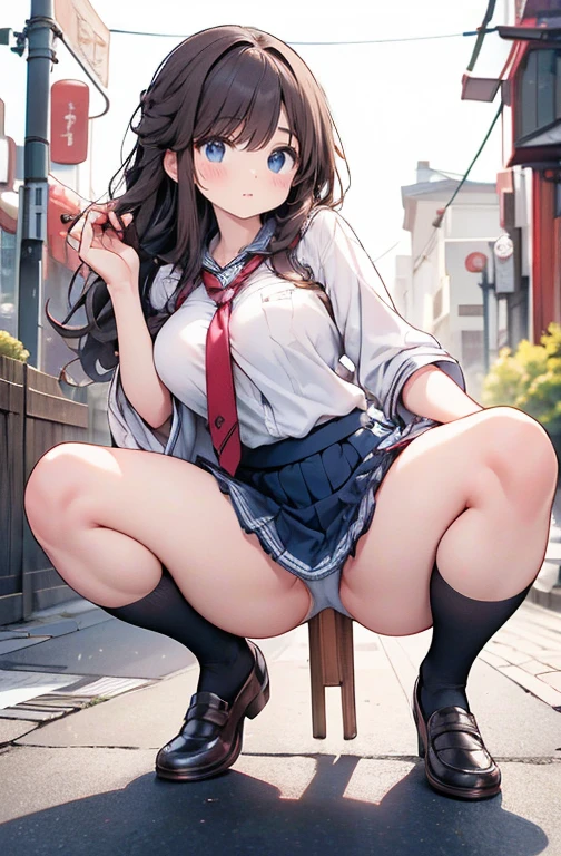 Anime Kawaii sexy Perfect Slim sensual body large breast and huge thighs, An intricate and highly detailed illustration of anime (Young girl). in 8K,maximum quality,Actual image,details Intricate,超High resolution,field of depth,masseter part,soft natural light,professional lighting,1 girl in,(cute:1.2),an extremely beautiful 17 year old girl,A detailed eye,((eyes browns)),(chestnut hair),(shorth hair),(bangss),perfect skin,shining skin,fair and white skin,thin skin,large full breasts,((Perfect Anatomia,beautiful hand,perfect hand,Five fingers connected to the palm,precise hands without incongruity)),Perfect raw legs,Delicate legs,perfectly proportioned,A sexy,Visible chest,((Japan uniform)),((School Uniform Mini Skirt)),(necktie),blackstockings,Chano leather shoes,Crouched deep in the city,The crotch is visible,Show me your panties around town,both legs are bent,The legs are open in an M shape,,I can see panties,Delicate thighs visible from the front