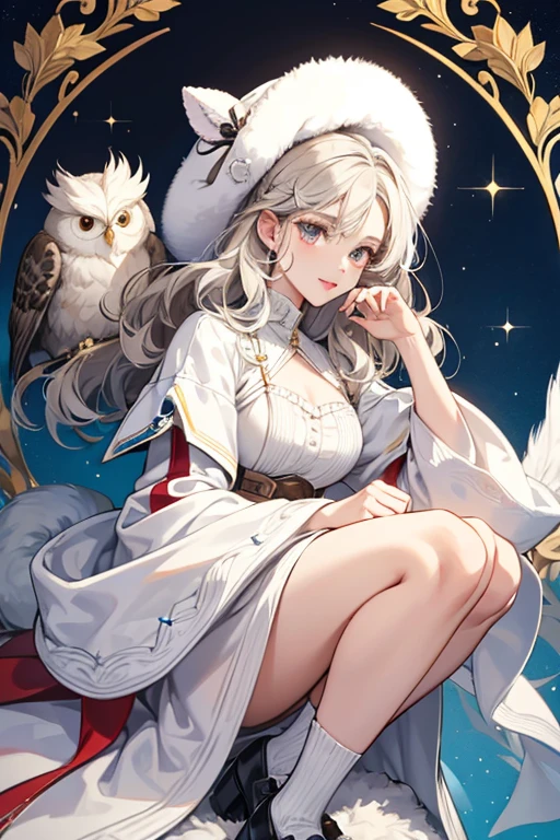 Evie has dark brown skin, and curly white hair with edgesl, that goes past her waist. She has big brown eyes with blue and white eye shaodow, and dark red lips. Her accessories consist of a fluffy owl hat.
Her outfit is a white coat with a silver zipper and fluffy hood, with fluffy ends on her sleeves, and the bottom of her coat. Her shoes are white with beige coloring on the bottom. SPARKLE; GLITTER