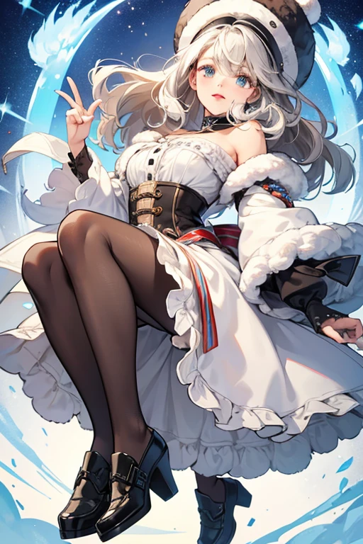 Evie has dark brown skin, and curly white hair with edgesl, that goes past her waist. She has big brown eyes with blue and white eye shaodow, and dark red lips. Her accessories consist of a fluffy owl hat.
Her outfit is a white coat with a silver zipper and fluffy hood, with fluffy ends on her sleeves, and the bottom of her coat. Her shoes are white with beige coloring on the bottom. SPARKLE; GLITTER