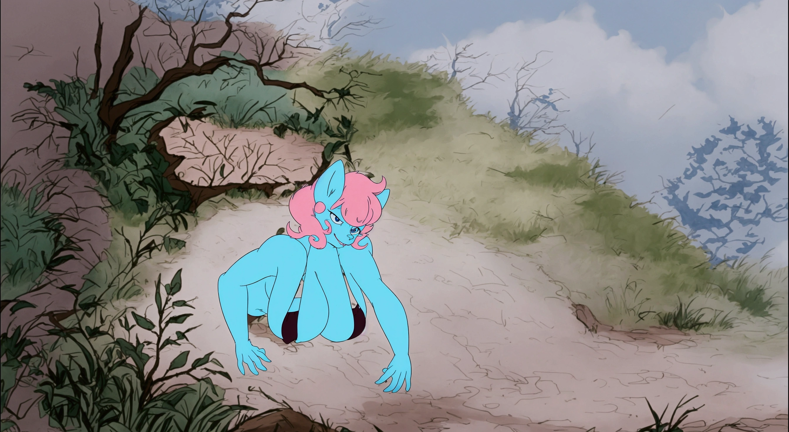 cartoon of a blue monster with a sign in the background, don bluth animation, production animation cel, don bluth!!!, don bluth!!, shaded animation cel, inspired by Don Bluth, disney 2d animation still, in style of disney animation, disney 2d traditional animation, the bunny has pink fur, the rabbit has pink fur