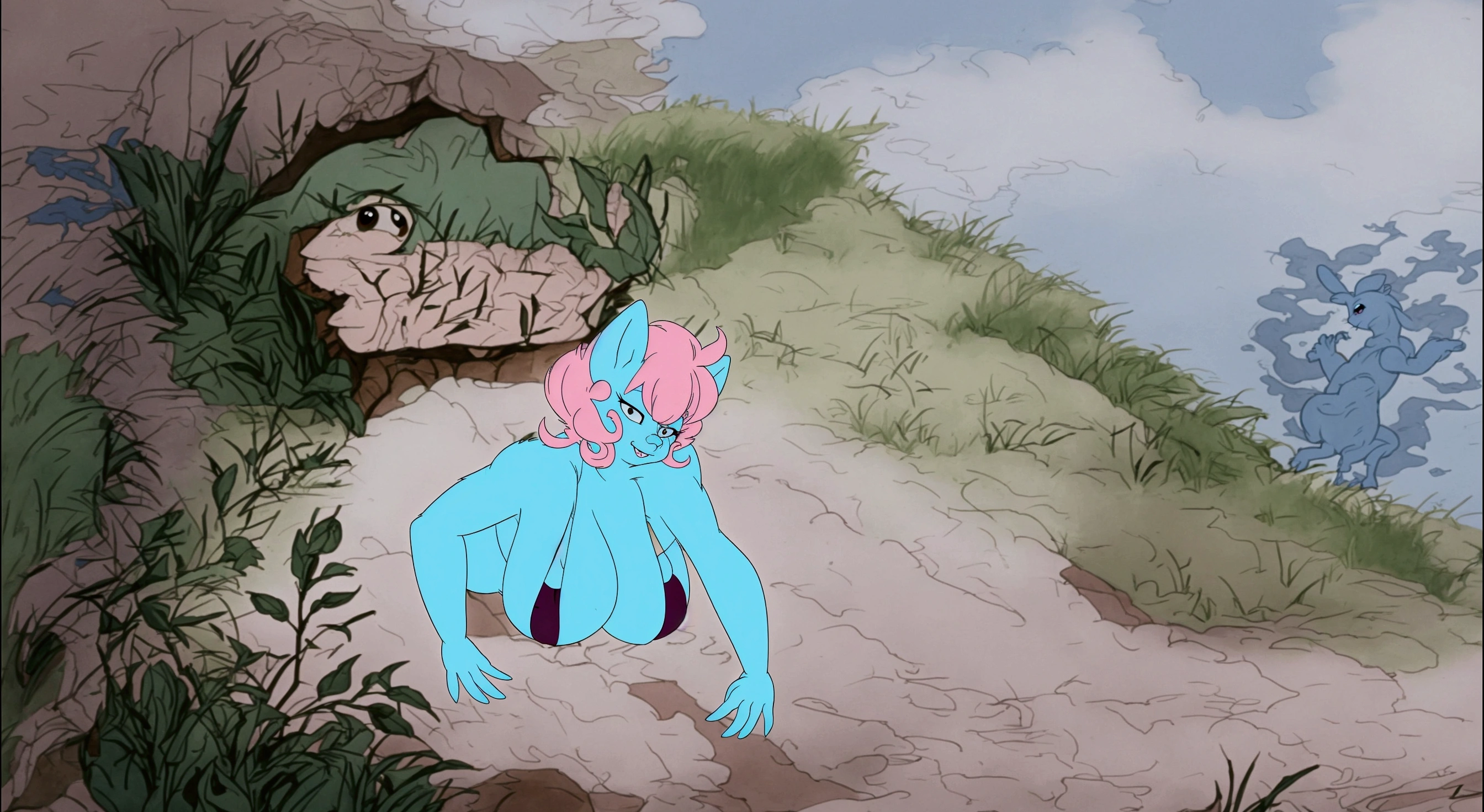 cartoon of a blue monster with a sign in the background, don bluth animation, production animation cel, don bluth!!!, don bluth!!, shaded animation cel, inspired by Don Bluth, disney 2d animation still, in style of disney animation, disney 2d traditional animation, the bunny has pink fur, the rabbit has pink fur