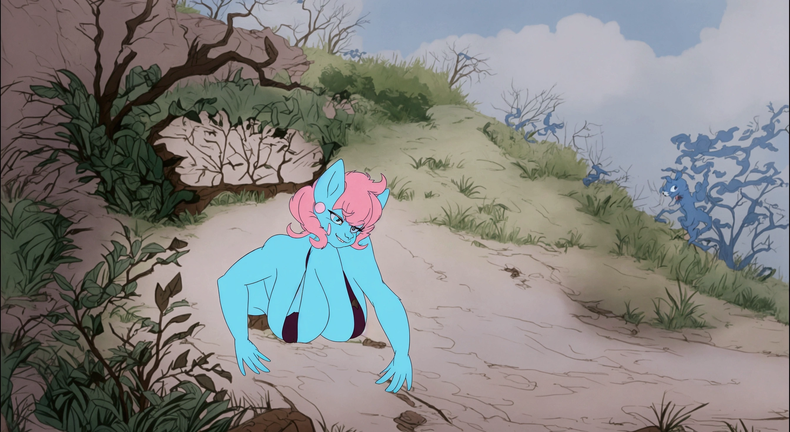 cartoon of a blue monster with a sign in the background, don bluth animation, production animation cel, don bluth!!!, don bluth!!, shaded animation cel, inspired by Don Bluth, disney 2d animation still, in style of disney animation, disney 2d traditional animation, the bunny has pink fur, the rabbit has pink fur
