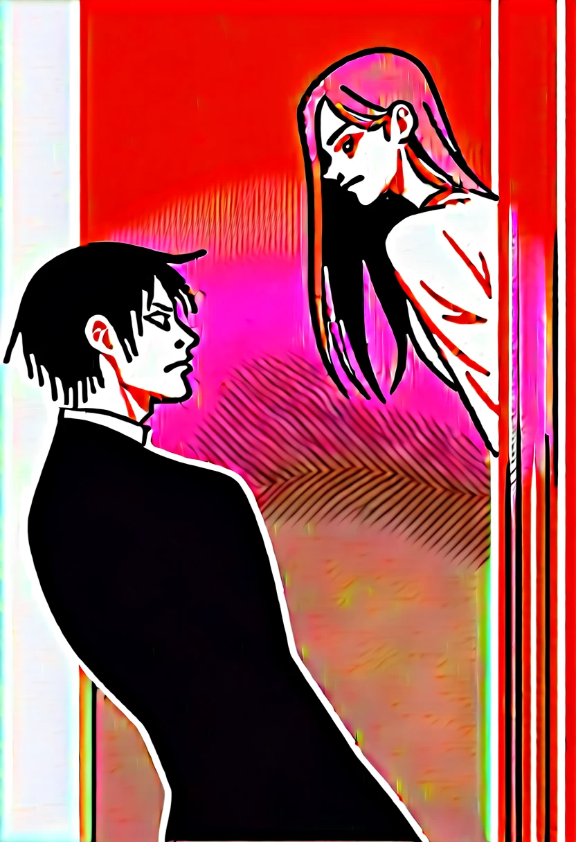 アニメ, White girl, Red hair, long  hair, Eyes red, mostrando os peitos, Unclothed, with black demon tail, undressed, with a white man, eyes black, blackquality hair, firing, standing together, doing hentai with the pussy showing 
