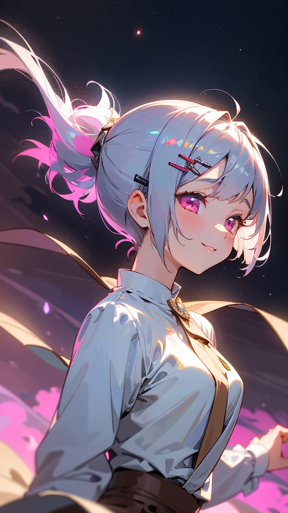 1 Girl、masterpiece、Highest quality、detailed、Silver and bob short hairstyle、Tie your hair up with a hair clip、Pink Eyes、beautiful、Dancer、Starry Sky、night、Anime-style paintings、Hard Edge、Soft Surface、smile、smile、Upper body close-up、From the side、Stage lighting、Spot lighting