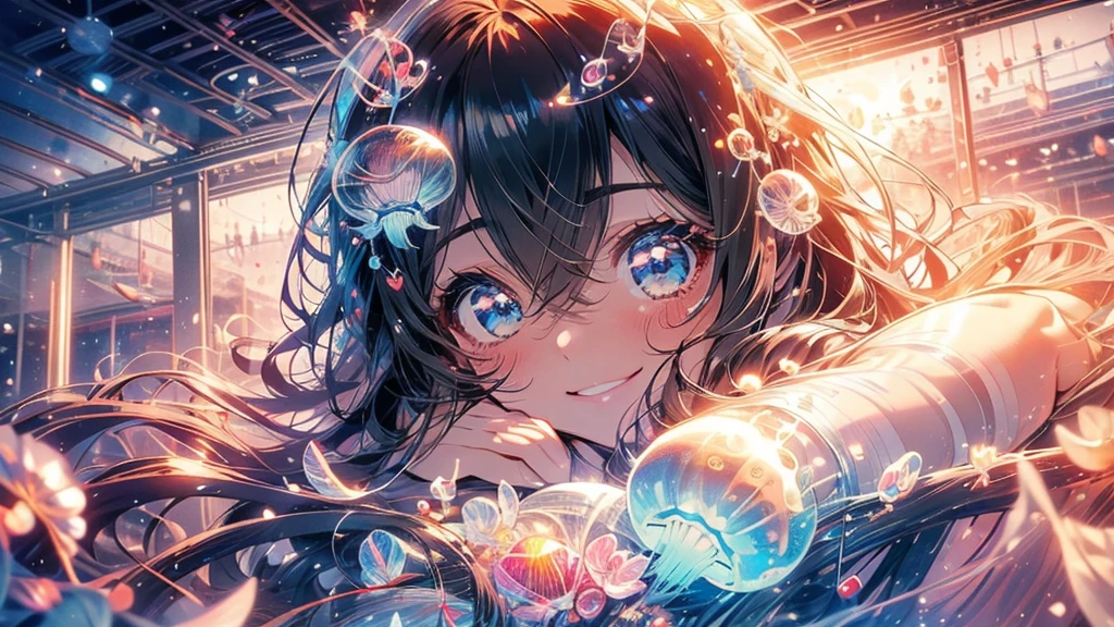 (((Highest quality、Cute moon jellyfish、masterpiece、Ultra-fine、Ultra-fine、Exquisite、16K、Black Hair、Full HD、Asahi、high school girl、))) 、 ((((The best smile,Angle from above)))Blue Eyes、Long eyelashes、White skin、(Pale pink lips、Pale pink cheeks、thin and long)、 (((cute)) ((One person)) 、((The best smile)) 、(epic proportion)、