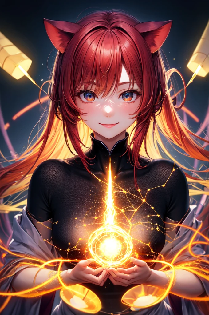 In an atmospheric and ethereal portrait, a paranormal luminescent neural network takes center stage. Image, amazingly detailed photo, reflects the interaction of mystical glow and advanced technology. Neural network floats in limbo, her circuits pulsate with an otherworldly light, as if there was a sentient being living inside. Threads of red-hot energy intertwine, creating a mesmerizing glow, which illuminates the environment. Flawless image quality clearly reveals complex network structure, inviting viewers to ponder the mysterious secrets, which it stores, red hair long pig tails, remove cat ears, smiling cute, dark mage.