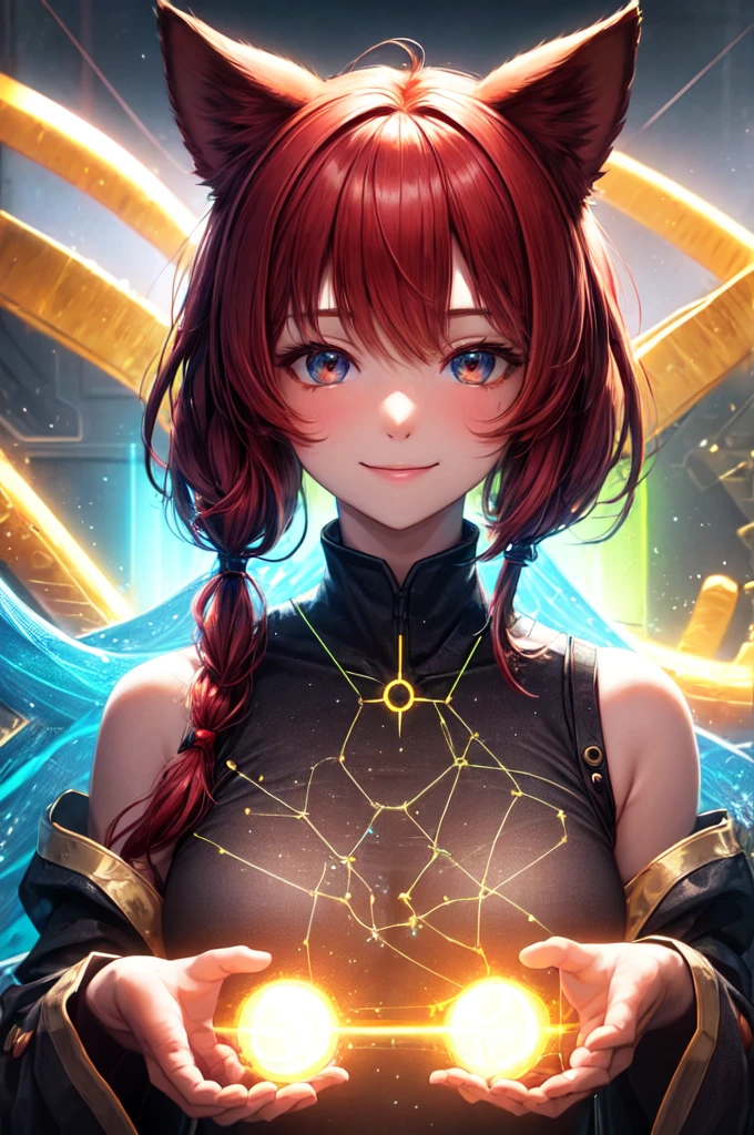 In an atmospheric and ethereal portrait, a paranormal luminescent neural network takes center stage. Image, amazingly detailed photo, reflects the interaction of mystical glow and advanced technology. Neural network floats in limbo, her circuits pulsate with an otherworldly light, as if there was a sentient being living inside. Threads of red-hot energy intertwine, creating a mesmerizing glow, which illuminates the environment. Flawless image quality clearly reveals complex network structure, inviting viewers to ponder the mysterious secrets, which it stores, red hair long pig tails, remove cat ears, smiling cute, dark mage.