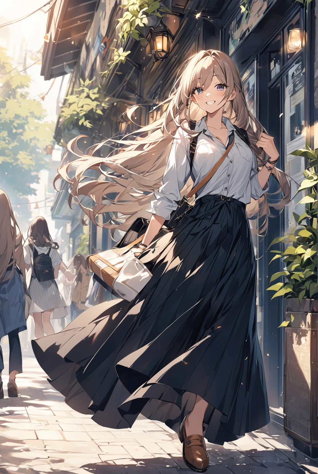 Wearing a cool long skirt,Cute woman with a smile,Female college student,Long Hair、