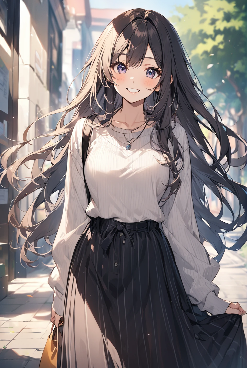 Wearing a cool long skirt,Cute woman with a smile,Female college student,Long Hair、