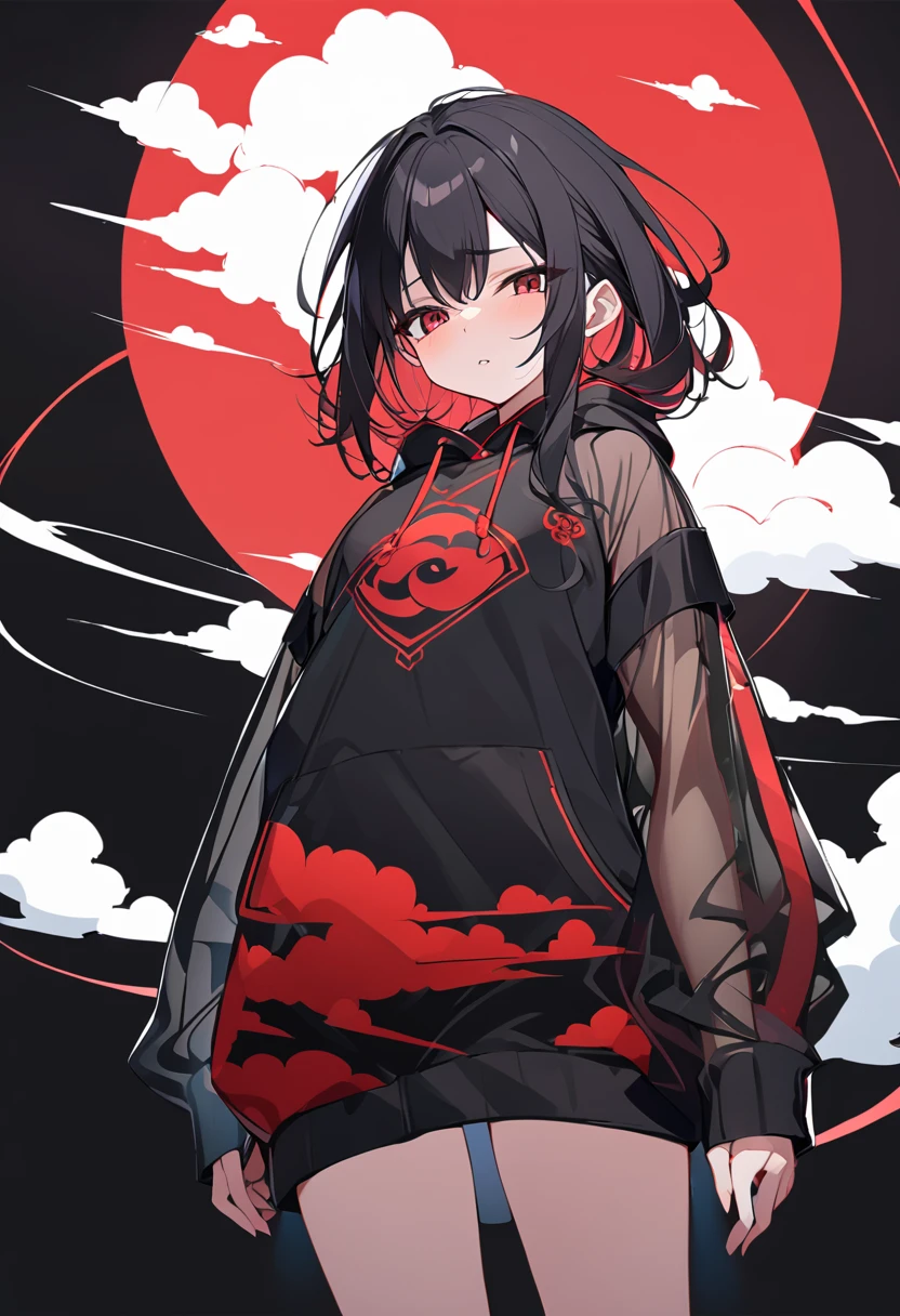 Red Cloud,Girl with red cloud motif,sexy,Accentuated body lines,Pitch black background,Ultra see-through Japanese style hoodie,（A body line where clothes are visible）,See-through inner,Angle from below,Accentuated crotch