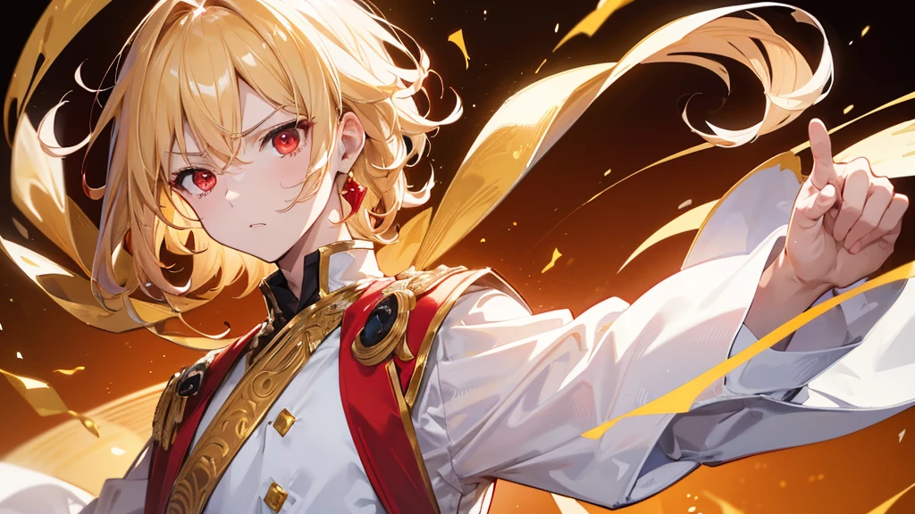 (Highest quality)　(4K)　(8k)　(High resolution)　(masterpiece:1.2)　(Super detailed)　One boy　short hair　emperor　Red eyes　Long sleeve　Golden decoration　Hair between the eyes　White Dress　Wavy golden hair　Upper Body　(White Background)　front　Get angry