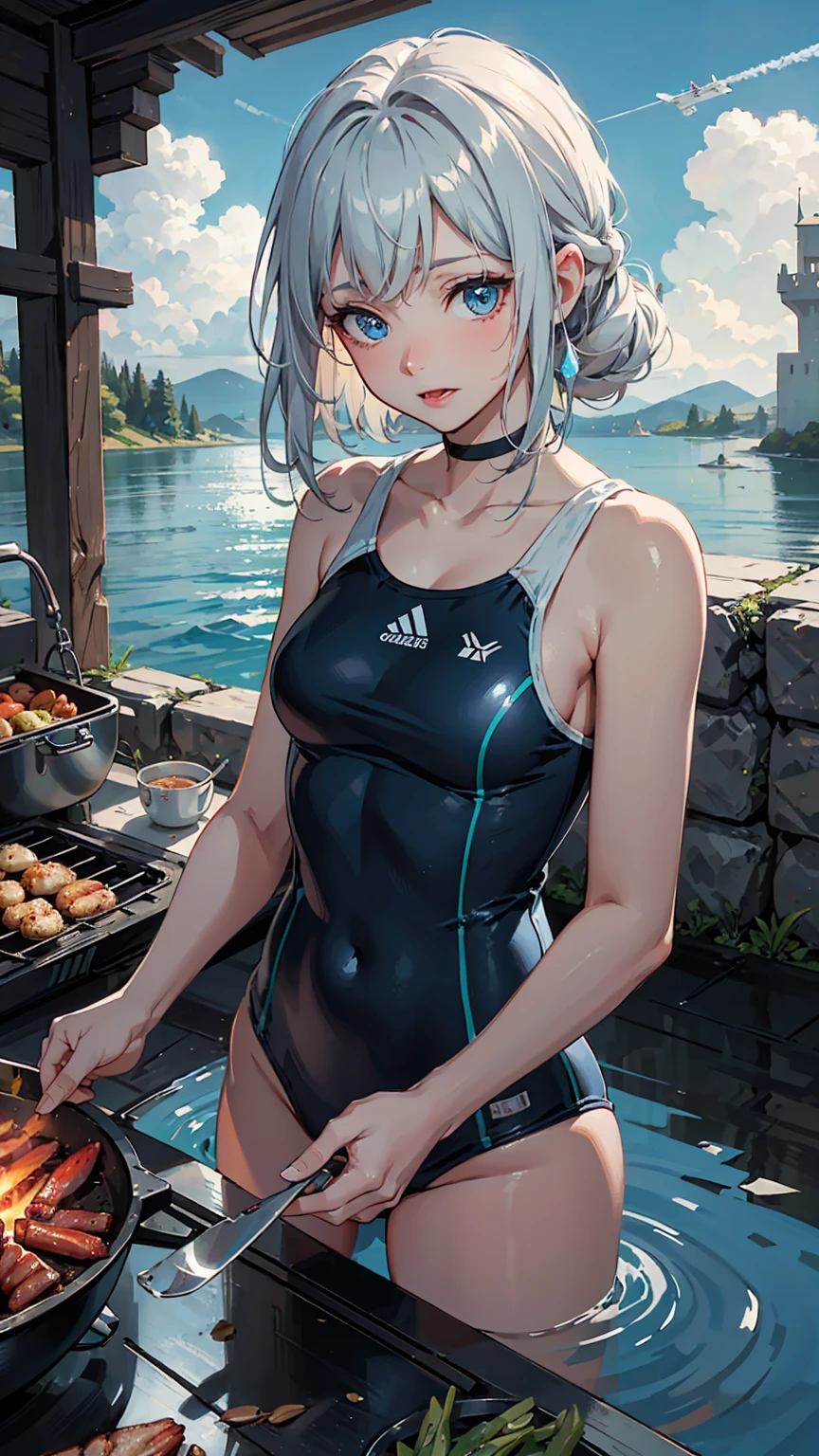 (masterpiece), Realistic, Beautiful Face, sunlight, Cinematic Light, bangs, Two beautiful sisters, whole body, From above and from the side, barbecue, Cooking seafood , Outdoor, School Swimsuit, Lakeside, Beautiful Eyes, Silver Hair, Perfect Anatomy, very cute, Princess Eyes , (blue eyes) , Centered Images, Bioluminescence, 8 Life-size,8k resolution, Human hand, elegant, Approaching perfection, dynamic, Very detailed, Character Sheet, Concept Art, Smooth, Make sure your body is symmetrical and balanced、Facing the viewer, Amazingly beautiful teenage girl, Detailed hairstyle, Fractal Art, Godley, 10 years old, A face that bears sadness, Open your mouth and stick out your tongue, Castle ruins, Plane and contrail, rainbow, winter