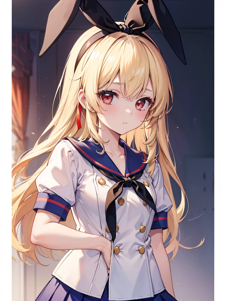 (masterpiece, best quality, highly detailed, ultra detailed, high resolution, absurdres, 4K, 8K:1.2), 
BREAK,shimakaze uniform:1.5, 10 years GIRL,Blonde_HAIR,RED eyes,(RED Ribbon on HAIRband:1.2)