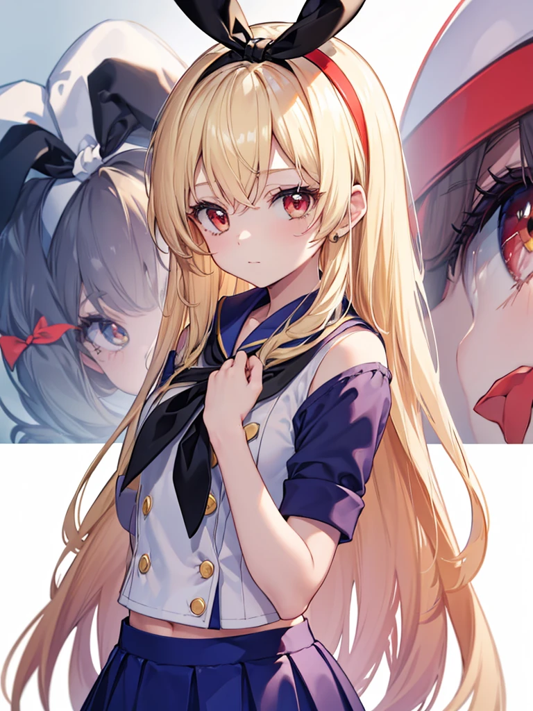 (masterpiece, best quality, highly detailed, ultra detailed, high resolution, absurdres, 4K, 8K:1.2), 
BREAK,shimakaze uniform:1.5, 10 years GIRL,Blonde_HAIR,RED eyes,(RED Ribbon on HAIRband:1.2)