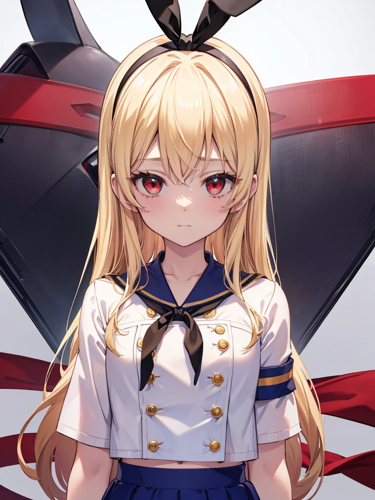 (masterpiece, best quality, highly detailed, ultra detailed, high resolution, absurdres, 4K, 8K:1.2), 
BREAK,shimakaze uniform:1.5, 10 years GIRL,Blonde_HAIR,RED eyes,(RED Ribbon on HAIRband:1.2)