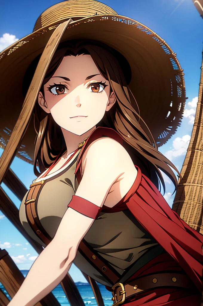 1 female, medium length brown hair, hazel eyes, wearing pirate outfit, at the helm of a pirate ship, wearing straw hat with red band, wearing straw hat
