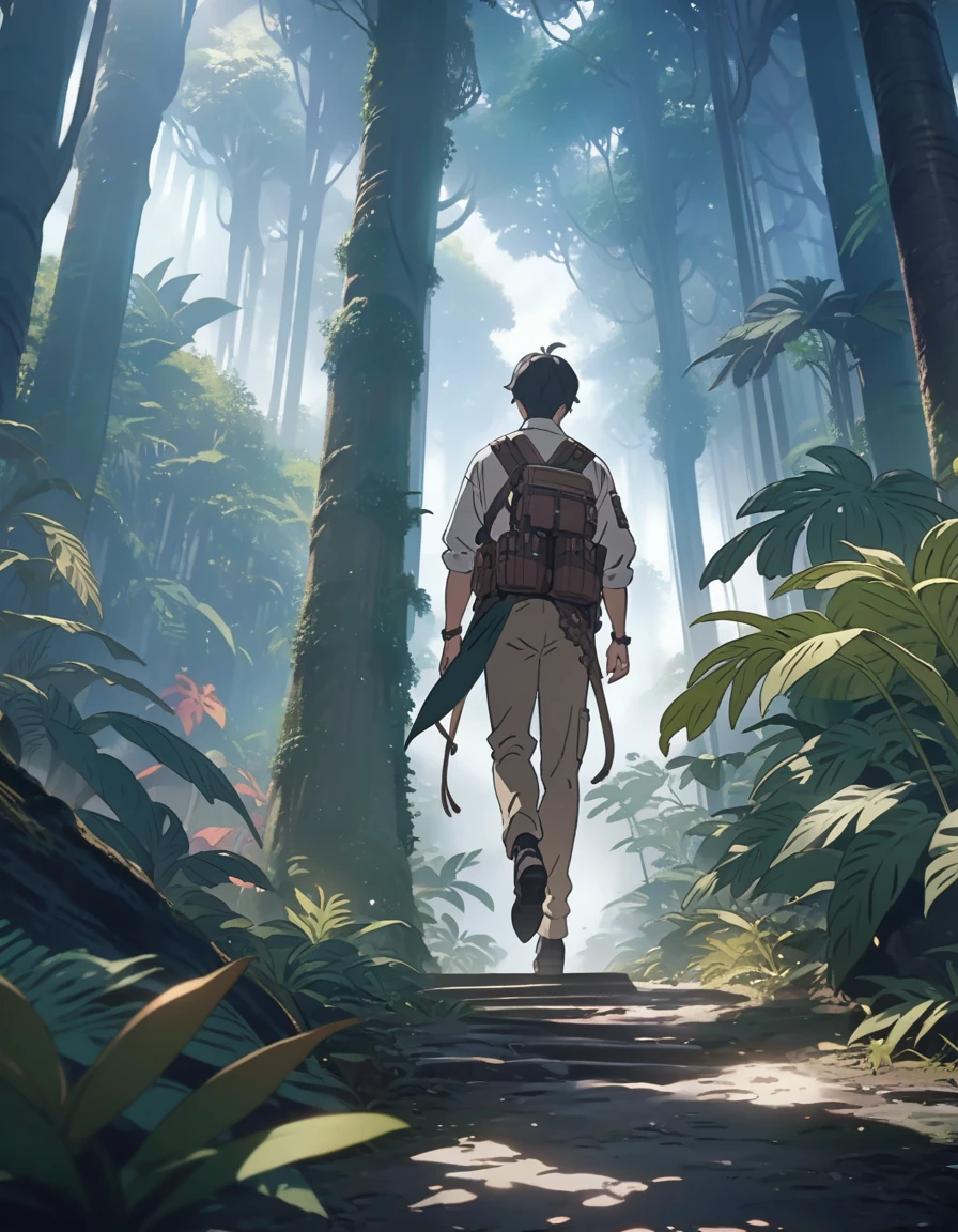 (masterpiece, best quality, vivid colors), An Assassin walking through the jungle exploring the surroundings, 1man, Alone, intricate details, anime screencap, full body shot, side view, the background is a tropical jungle
