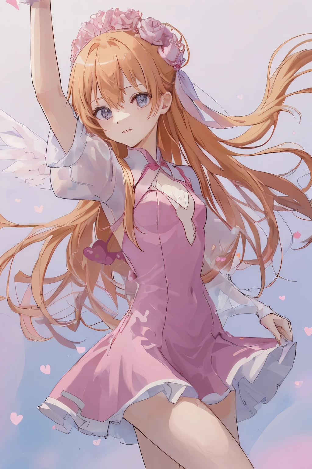 1_girl, (anime, kawai:2), (masterpeice, best_quality, simple, cute, dreamy, vibrant, clean:1.8), (cute, cute_smile, young:1.6), (delicate, beautiful, thin:1.5), (girlfriend, angel:1.8), (green_eyes, simple_eyes:1.5) (long_hair, blond_hair, wearing_pink_dress, pink_angel_wings, gloves:1.8), extremely_delicate, (love_magic:1.5), (age_size_fits_body), (small_thighs, thin:1.3), (breasts), (eye_level:1.3), (heart_magic, love:1.5), (dancer:1.5)