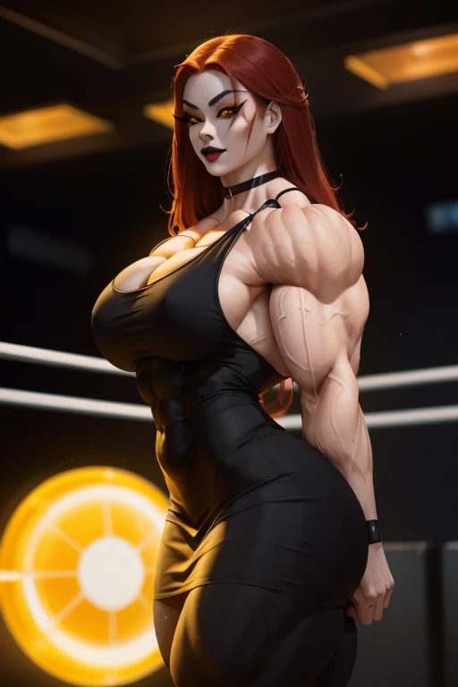 ((Close view)), tall, red haired asian woman, long hair, pale white skinned, (closed smile), ((black lipstick)), ((massive muscles)), (hyper muscle), ((ginormous bulky muscles)), ((glowing yellow eyes)), (black tight dress), choker, high heels, (looking beautiful in a sports bar)
